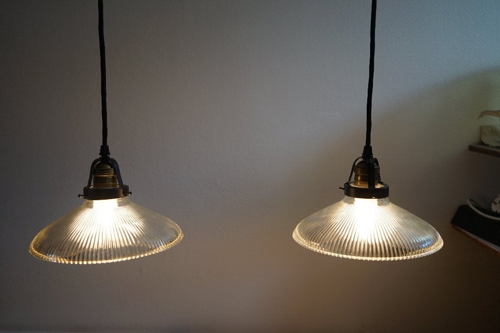 duo antiek holophane hanglamp glas zwart stof snoer keuze, Ophalen of Verzenden