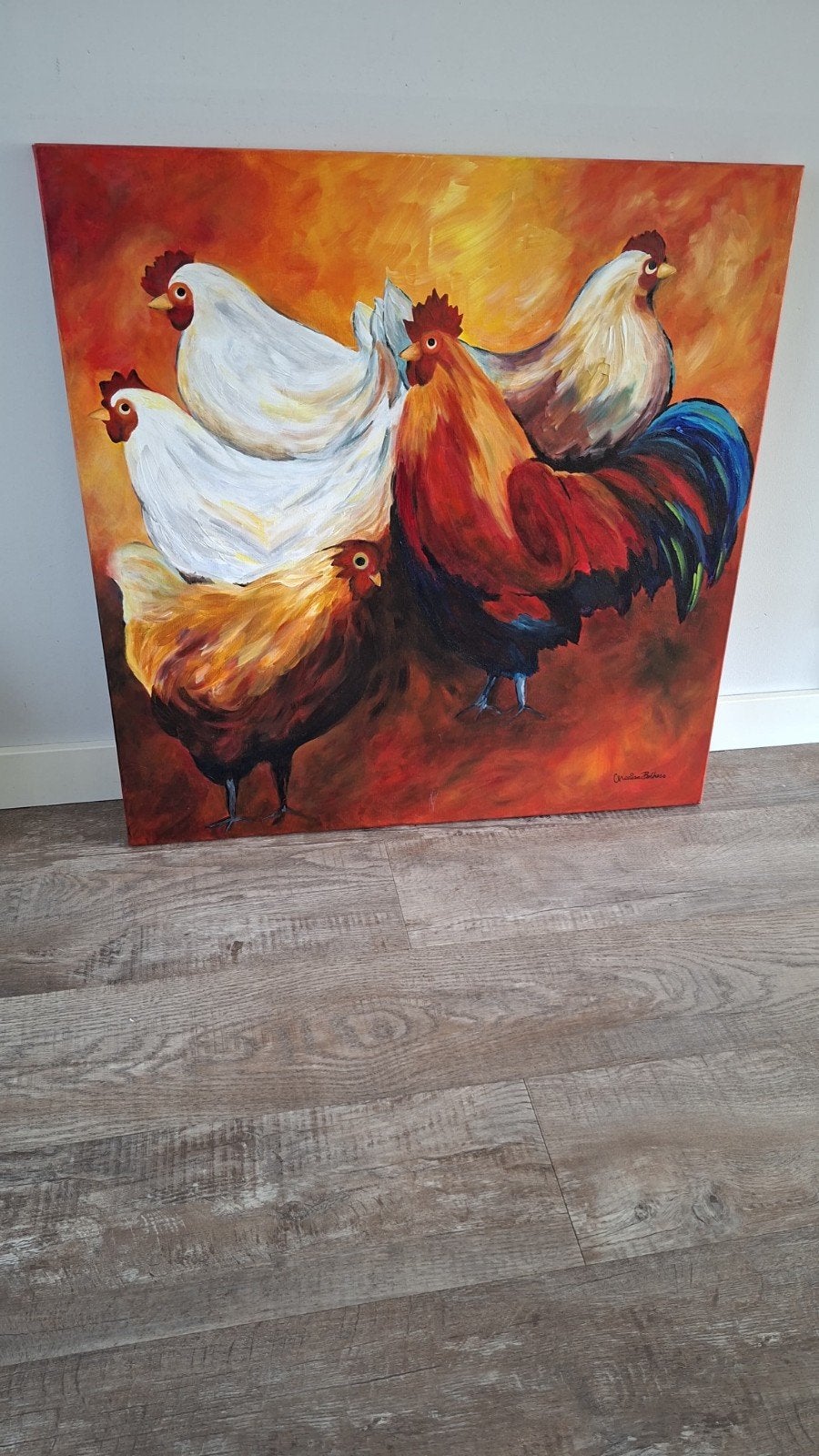 Landelijk schilderij van kippen - Marian Bekkers, Origineel werk, Doek, Realistisch, Dieren