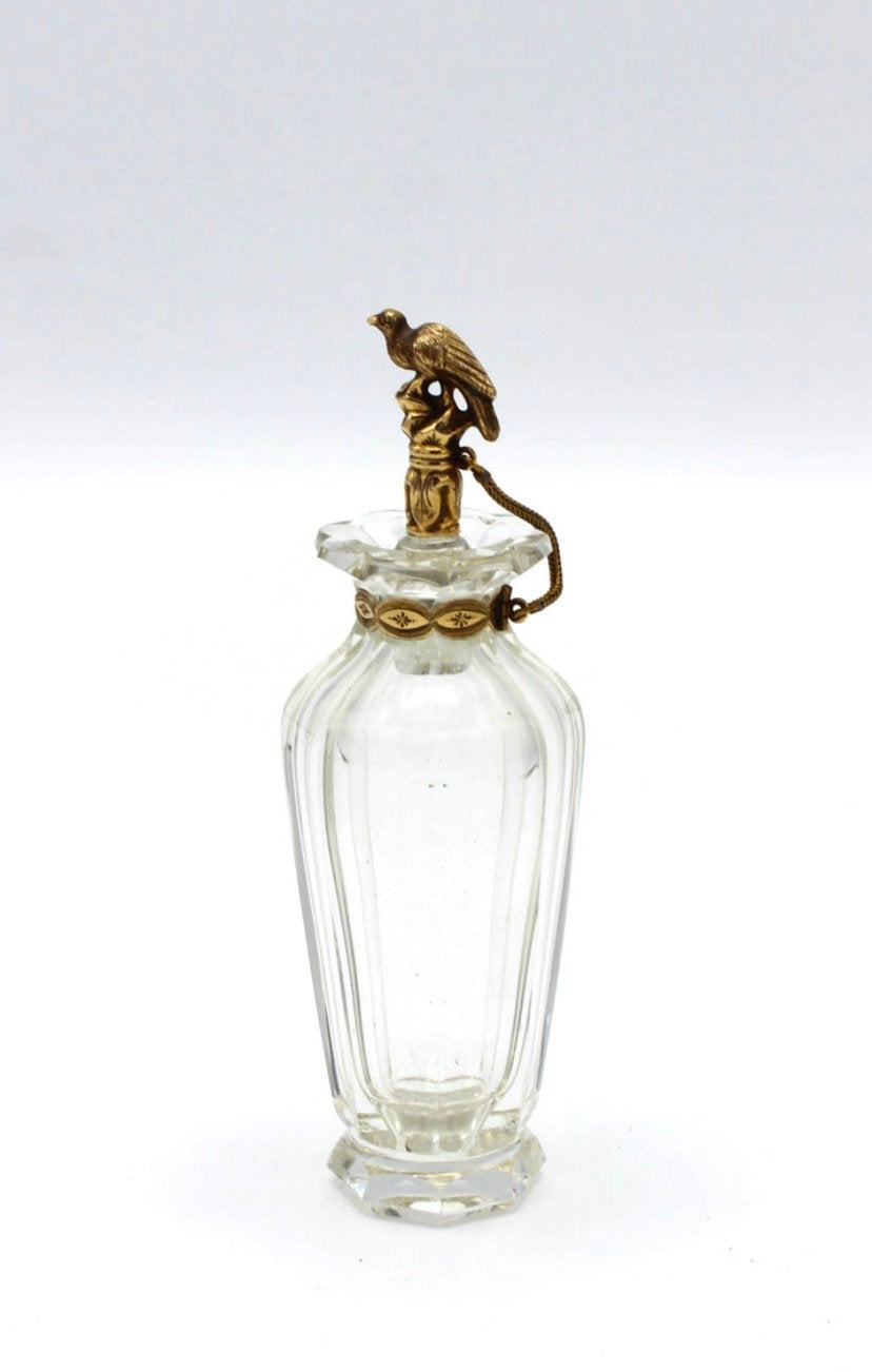 Hollands kristal parfumflesje, 14 kt gouden vogel, 1850., Ophalen of Verzenden, Goud
