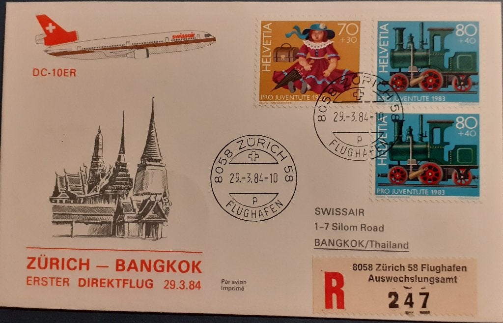 Luchtpost Zwitserland 1e Vlucht Zurich - Bangkok, Postzegels en Munten, Brieven en Enveloppen | Buitenland, Ophalen of Verzenden