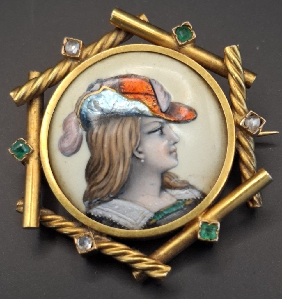Broche - 18 karaat Geel goud - Diamant - Limoges emaille, Sieraden, Tassen en Uiterlijk, Antieke sieraden, Ophalen of Verzenden