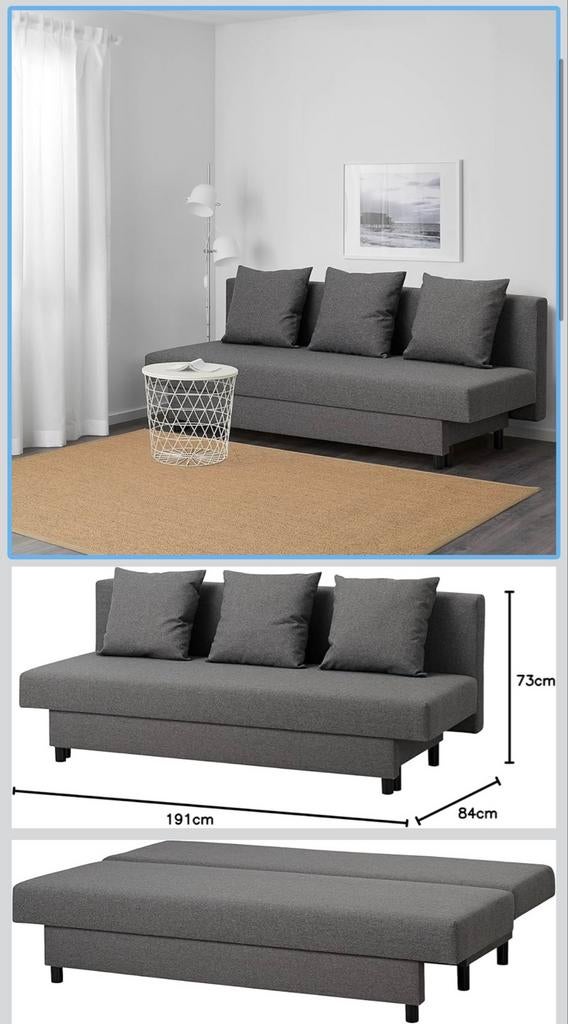 IKEA ASARUM drietzitsslaapbank, Donkergrijs 191 x 84 x 73 cm, Ophalen, Zo goed als nieuw