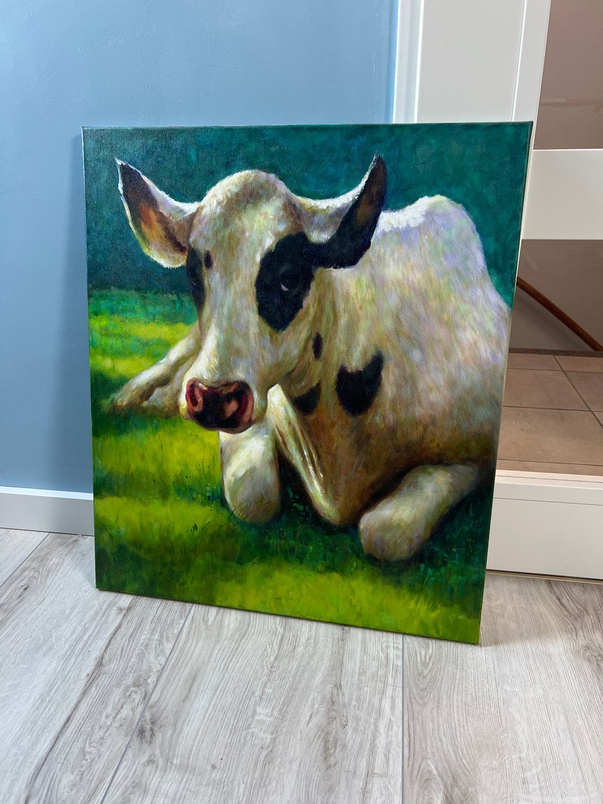 Schilderij van een liggende koe op doek, Antiek en Kunst, Kunst | Schilderijen | Klassiek, Dieren, Realistisch, Olieverf, Doek