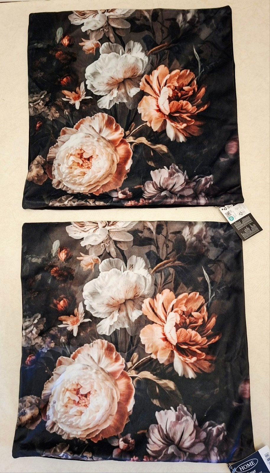 Nieuw! 2 kussenhoezen met bloemenprint - Zwart/Oranje/Wit, Meerkleurig, Met print, Nieuw, Ophalen of Verzenden
