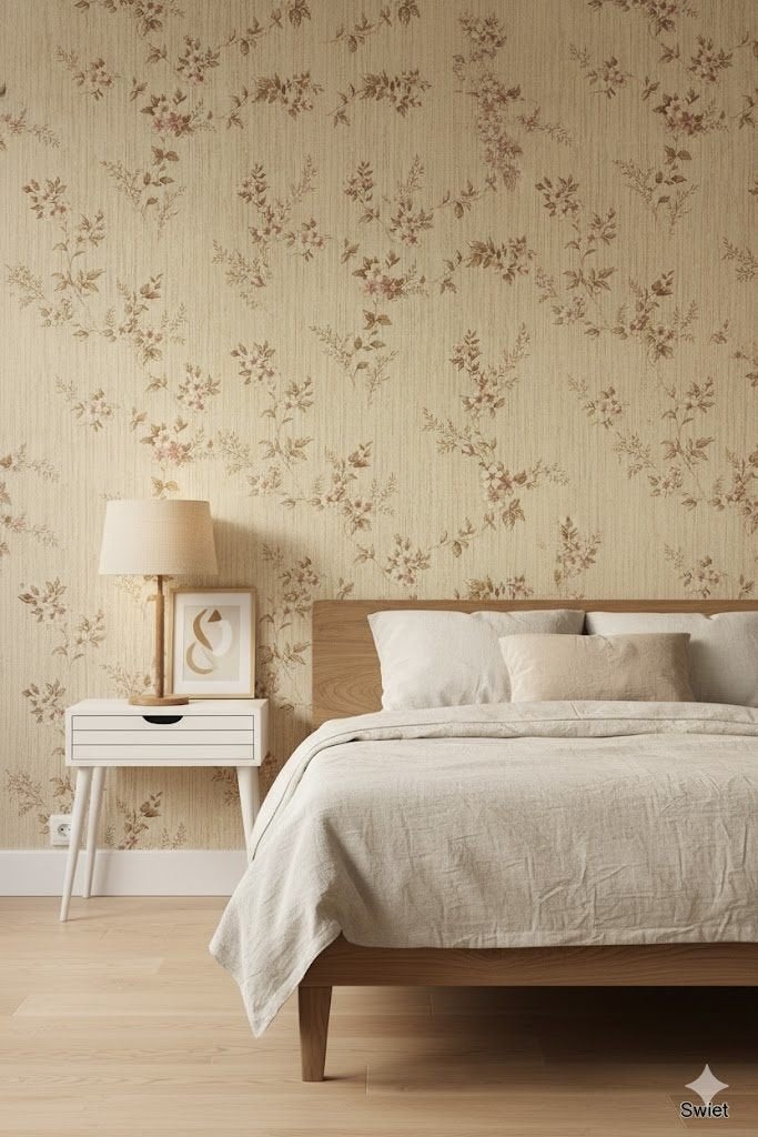 6932 Zacht beige jutelook bloemenbehang  roze takjes swiet, Ophalen of Verzenden, Bruin