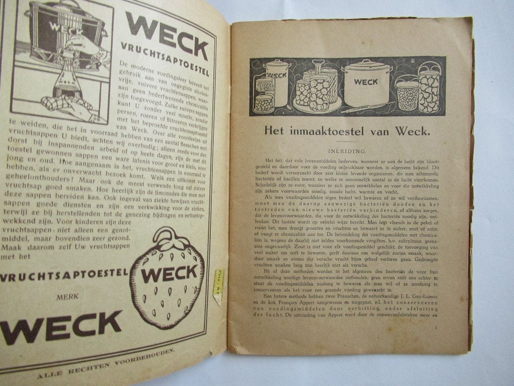 Twee oude Weck gebruiksaanwijzingen en recepten over inmaak, Gelezen, Overige typen, Ophalen of Verzenden, Nederland en België