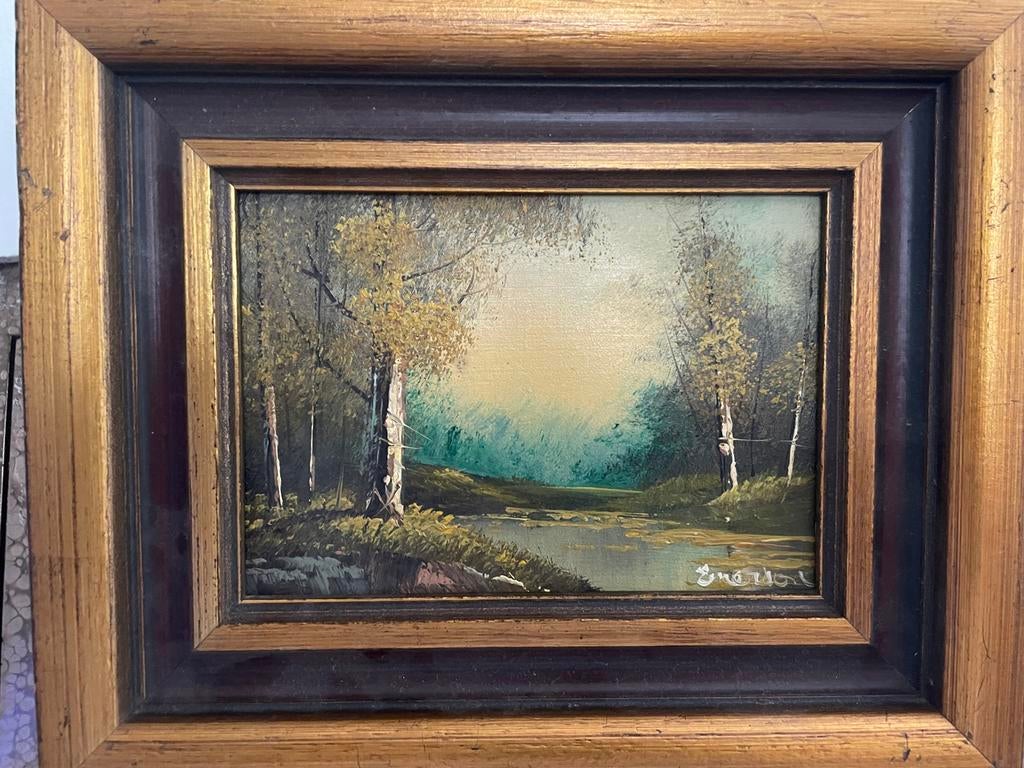 Schilderij met boslandschap en water, gesigneerd, Ophalen
