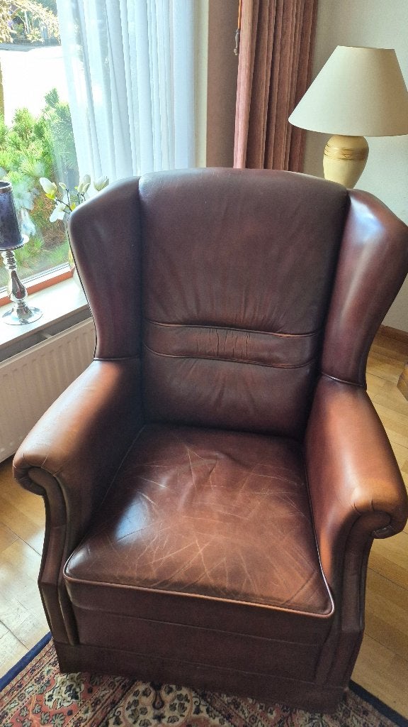 Leren heren oor fauteuil, Huis en Inrichting, Ophalen, Gebruikt, 75 tot 100 cm, Leer