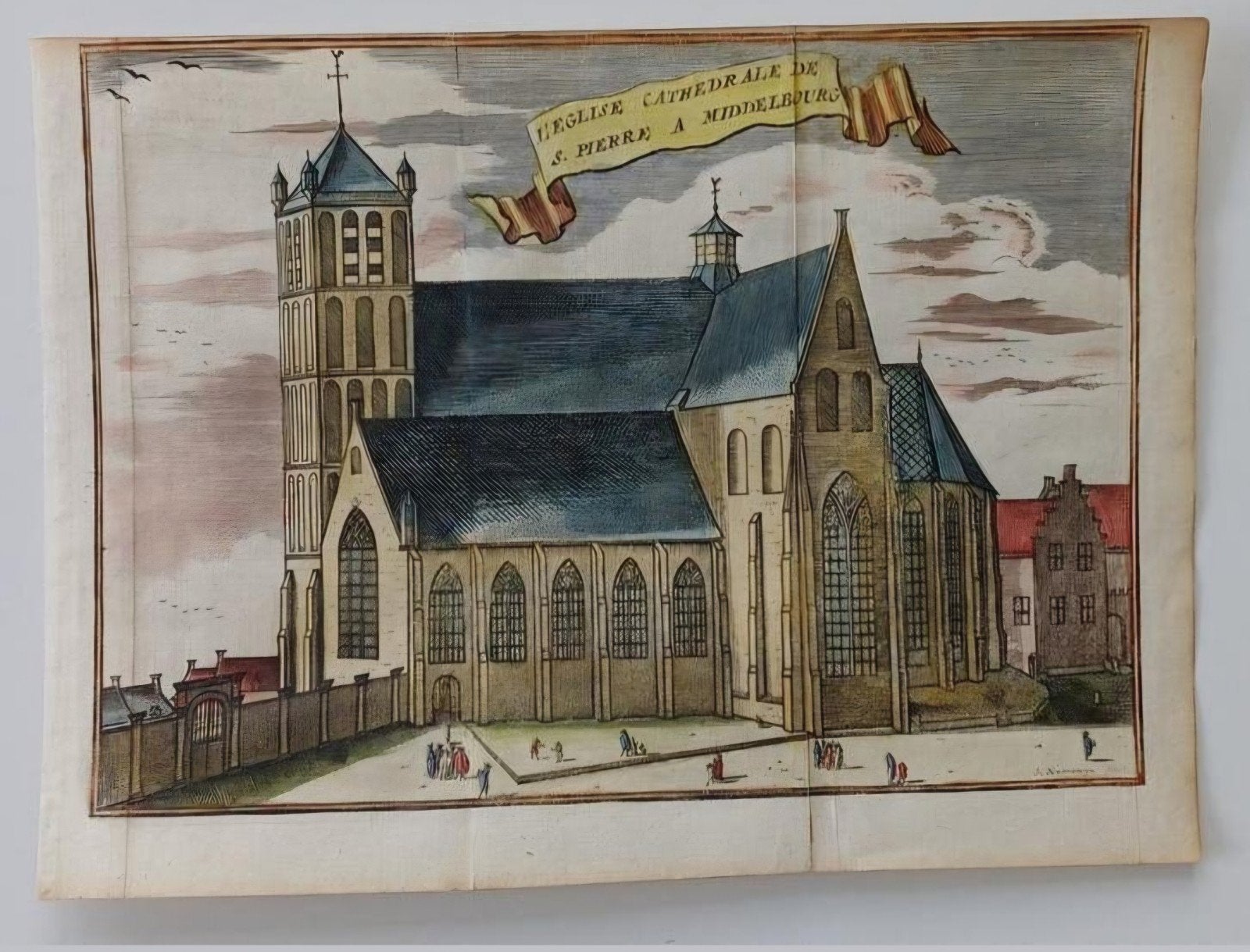 17e Eeuwse Kopergravure Kerk Middelburg, Handgekleurd, Architectuur, Gravure, Handgekleurd, 1600 - 1699