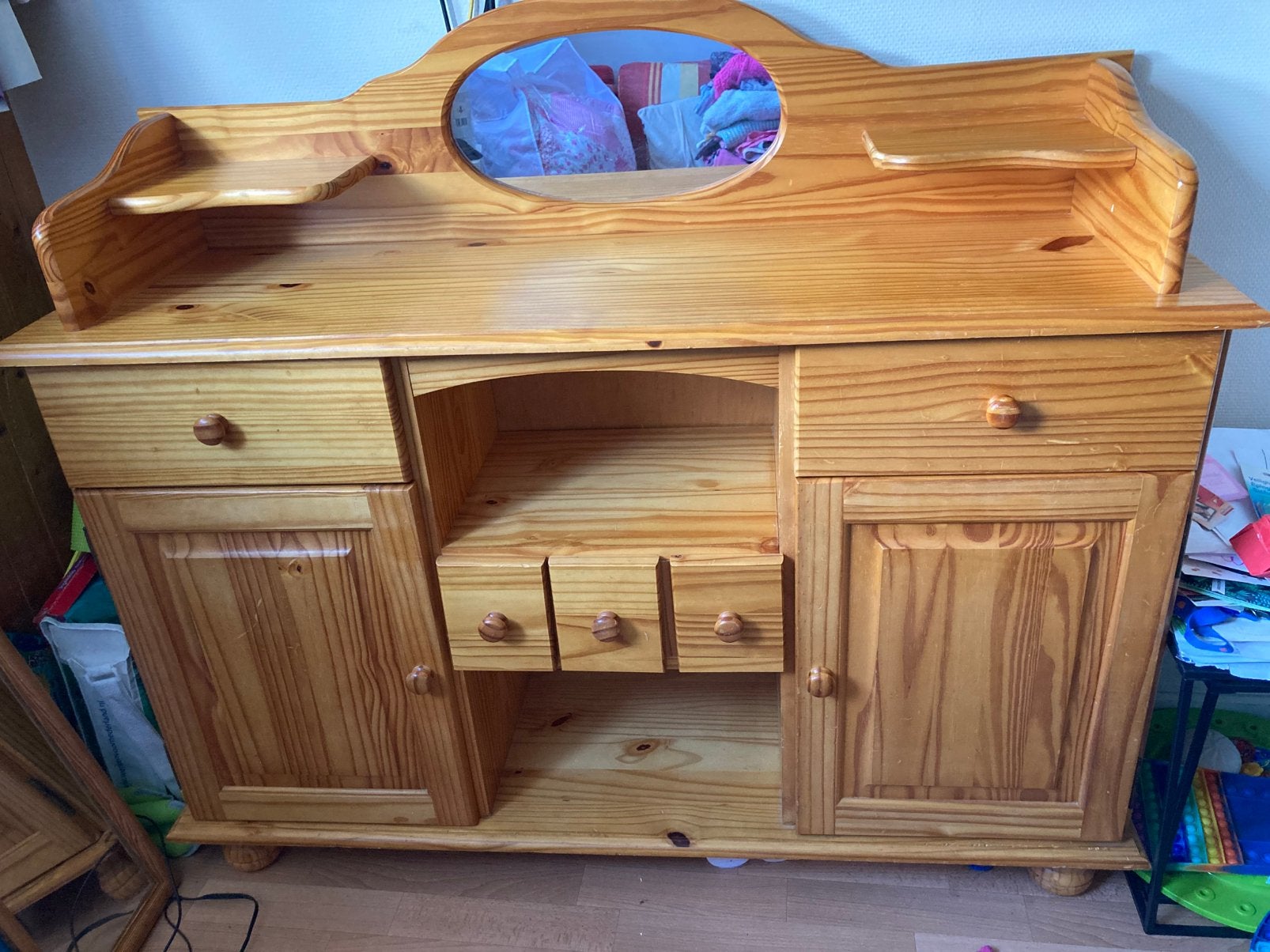 Grenen dressoir, deuren, spiegels, planken en lades, vintage, Ophalen, 50 tot 70 cm, 105 cm of meer, 100 cm of meer