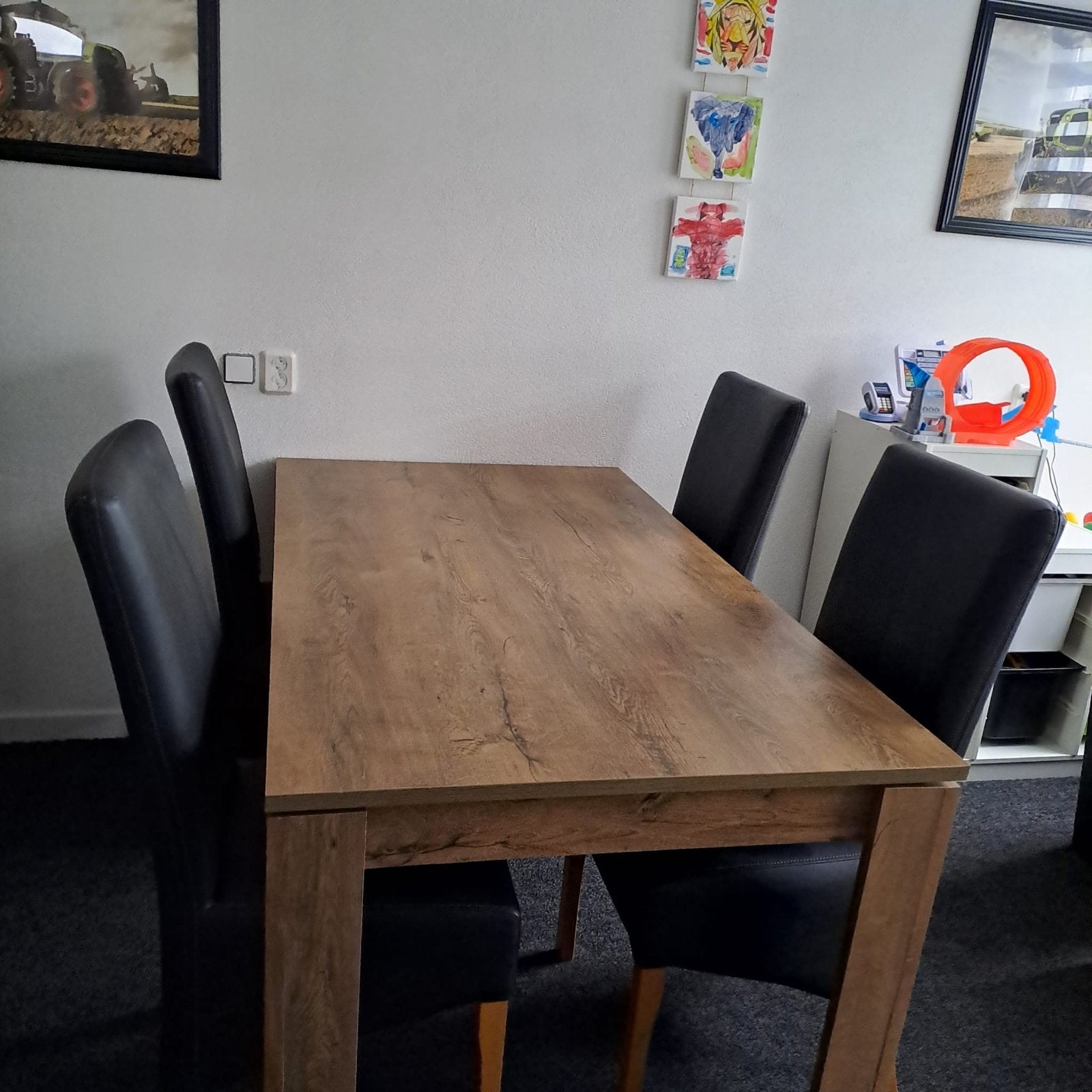 Eikenlook eettafel met 4 leren stoelen, Ophalen, Gebruikt, 4 tot 6 stoelen