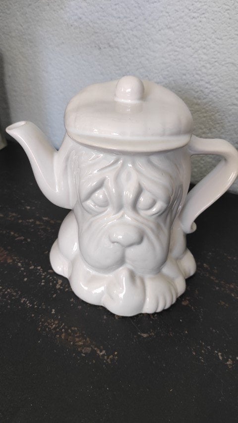 Vintage theepot Droopy Dog hond met pet wit, Gebruikt, Overige merken, Keramiek, Ophalen of Verzenden