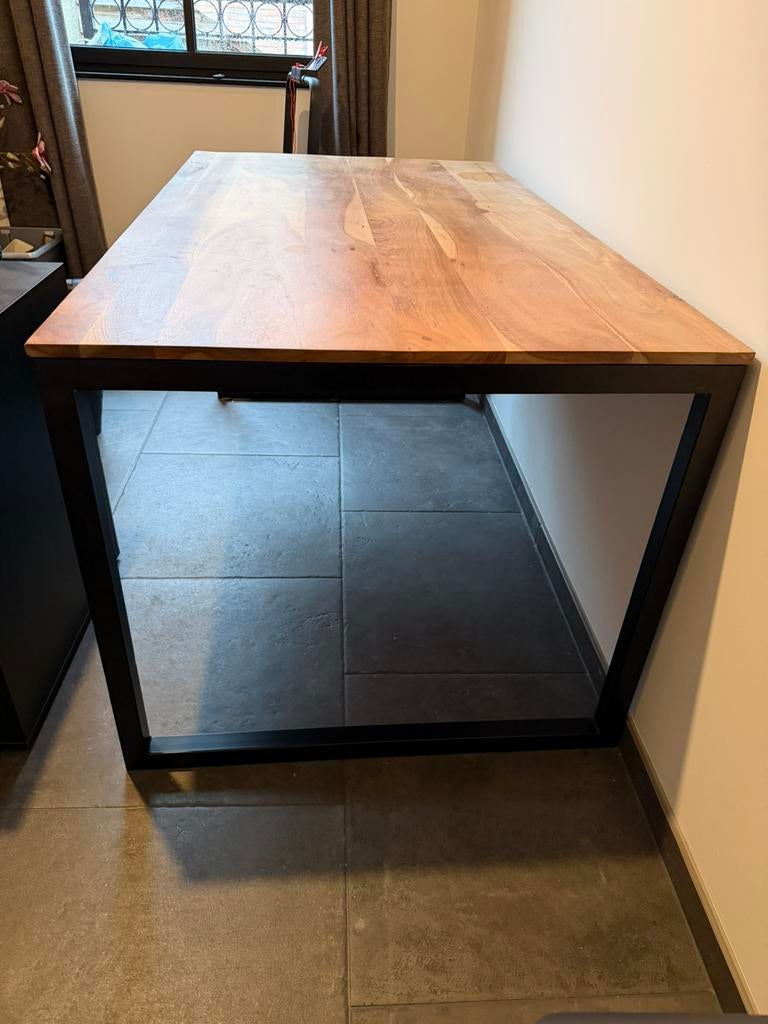 Eettafel 90x160 hout en staal, Ophalen, 50 tot 100 cm, Zo goed als nieuw, 150 tot 200 cm