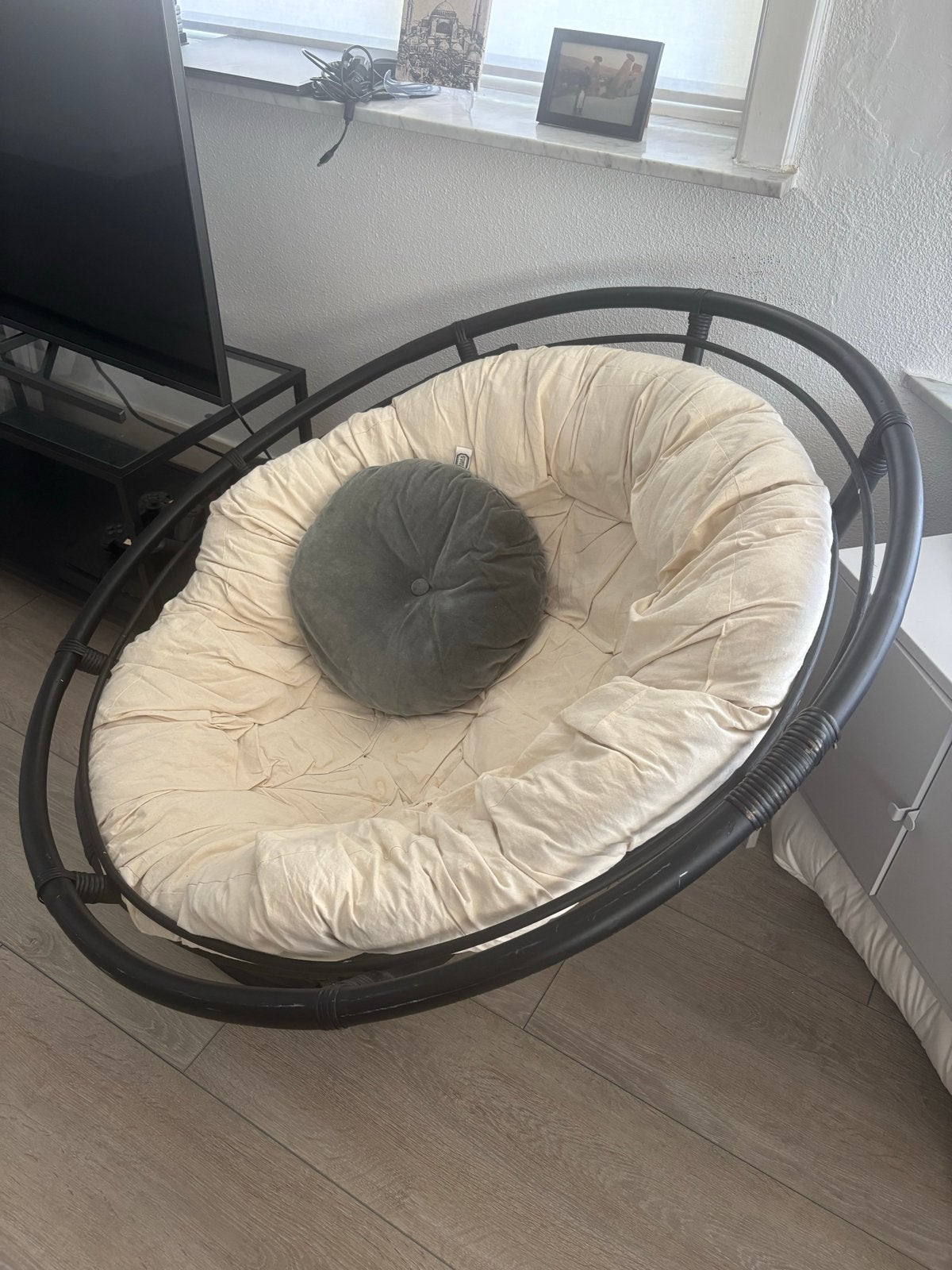 Comfortabele Papasan stoel met kussen, Huis en Inrichting, Stoelen, Ophalen, Gebruikt, Zwart, Riet of Rotan