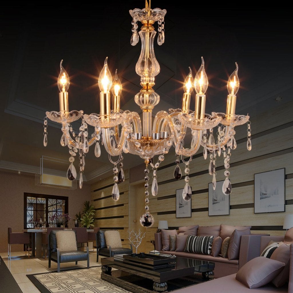 Klassieke Kristallen Design Kroonluchter. Met 6 Lampen. E-14, Ophalen of Verzenden, Nieuw