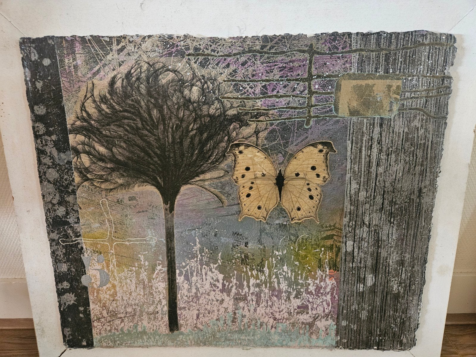 Moderne Zeefdruk  met vlinders en boom, gesigneerd, Ophalen, Dieren, Gemengde techniek, Overige materialen