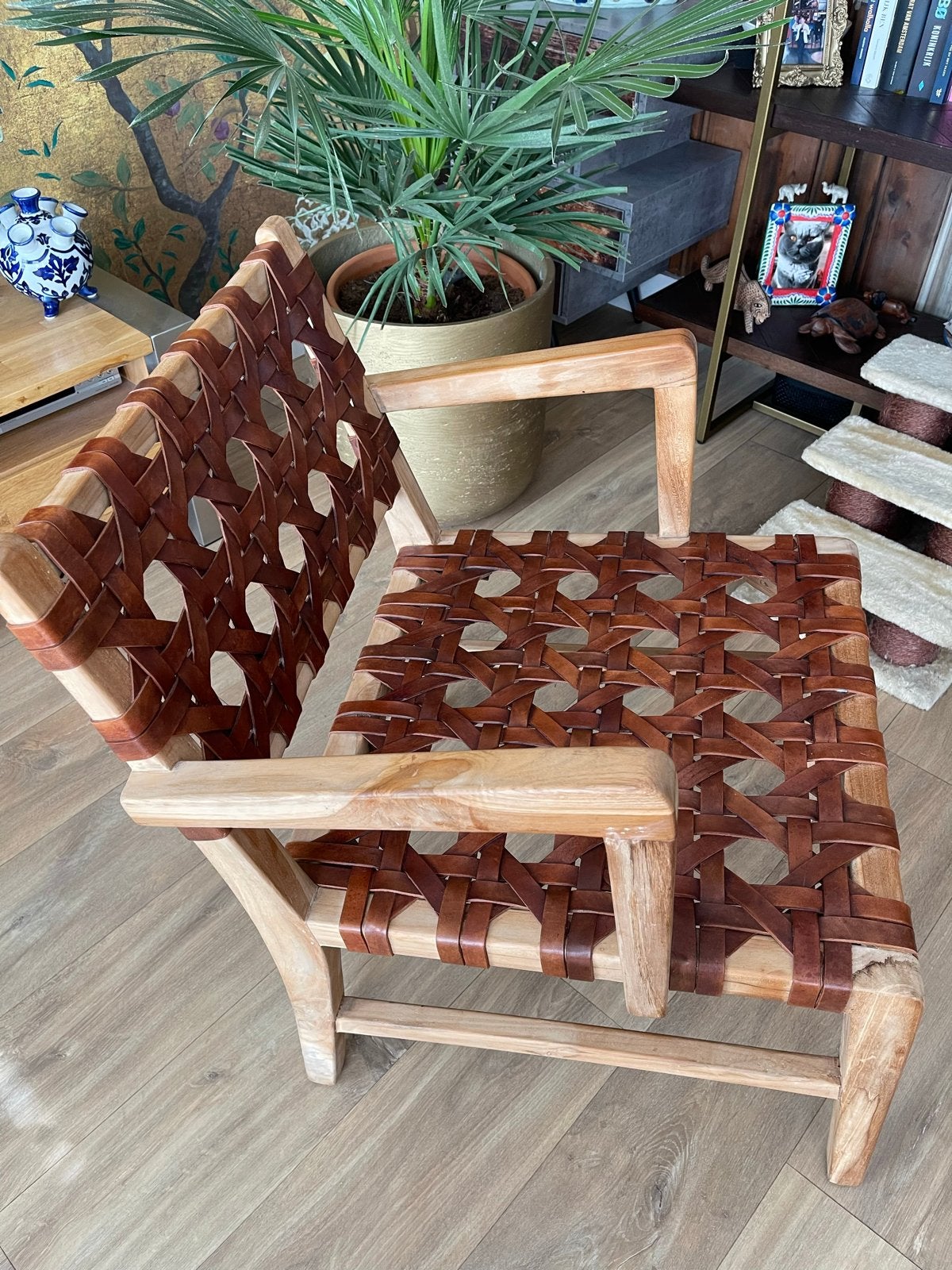 Leren stoel met houten frame, Ophalen, Gebruikt, Bruin, Bohemien