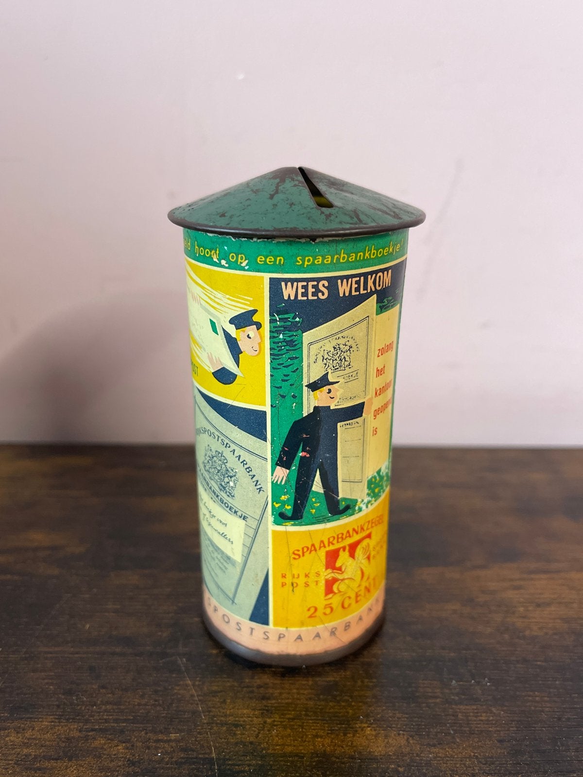 Vintage PTT Postspaarbank Spaarpot Blik - Jaren '50, Verzamelen, Spaarpotten, Gebruikt, Overige thema's, Metaal of Blik, Ophalen of Verzenden