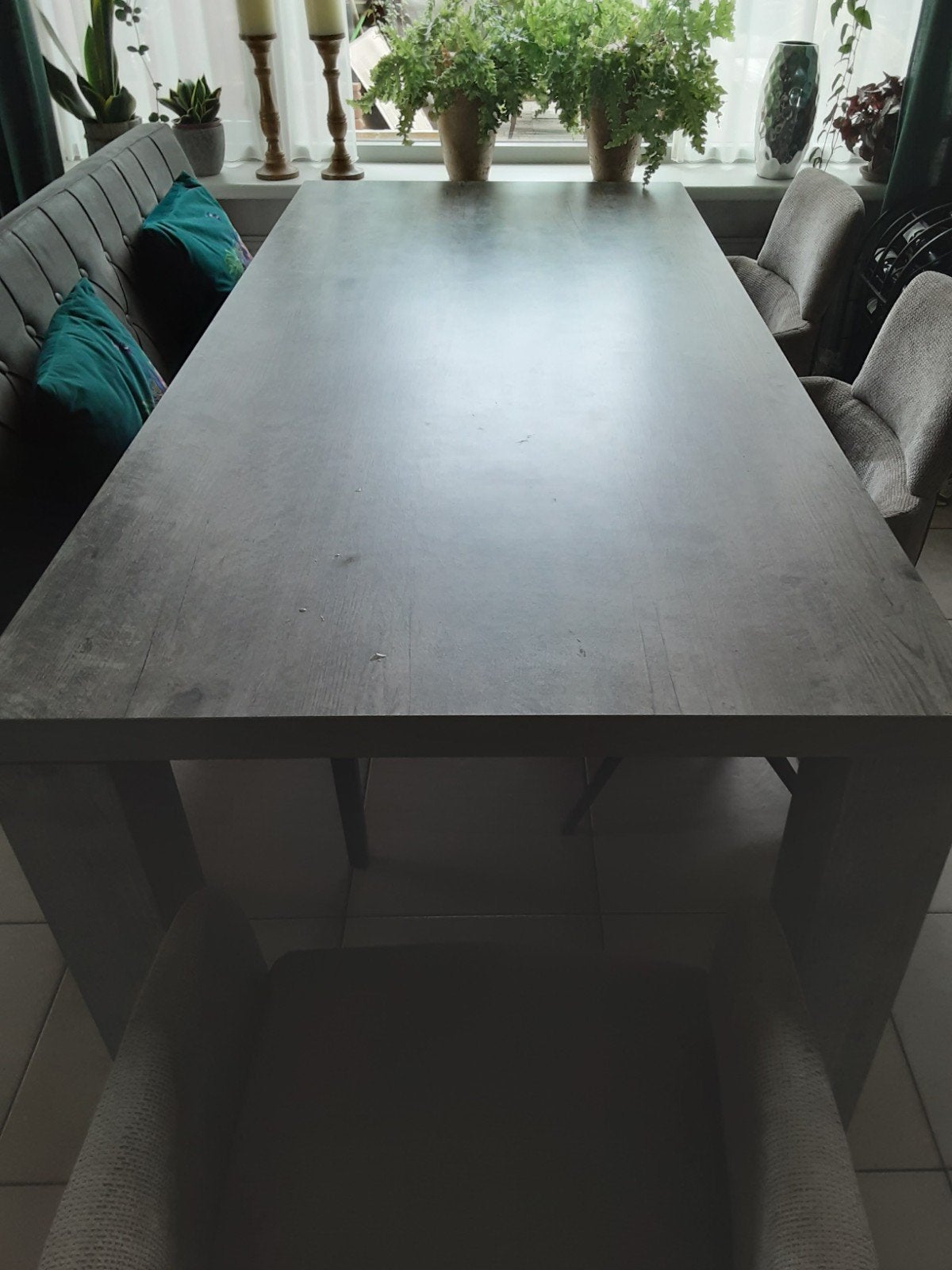 Grijze houtlook eettafel 100x220 cm, Huis en Inrichting, Tafels | Eettafels, Ophalen, Gebruikt, 200 cm of meer, 50 tot 100 cm