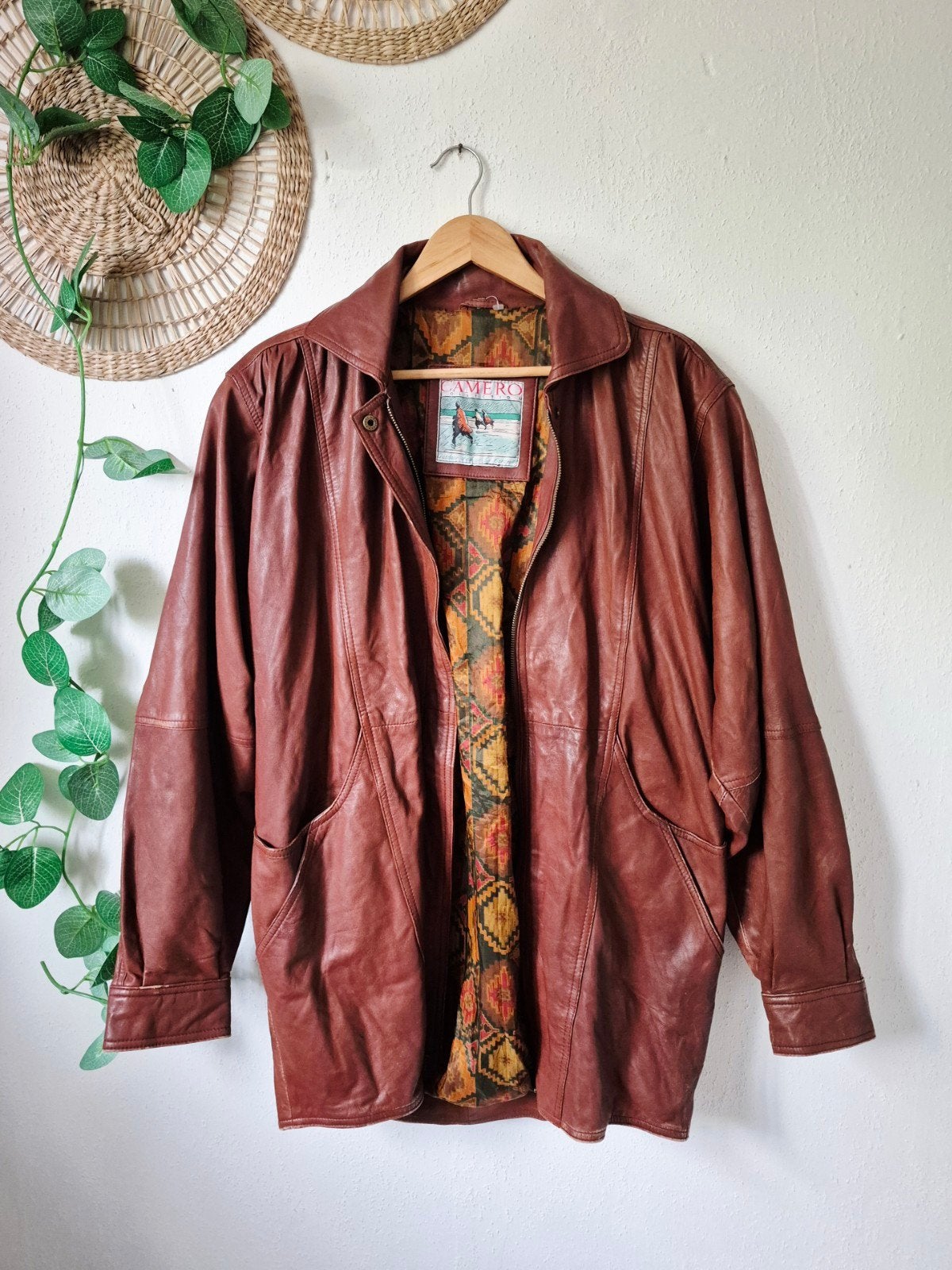 Vintage zacht leren 90s jas met mooie voering M/L, Maat 38/40 (M), Bruin, Verzenden, Zo goed als nieuw