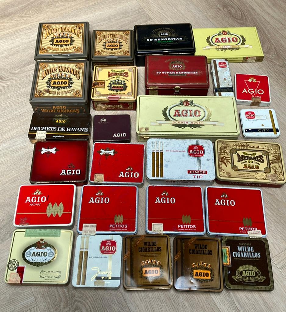 Grote collectie vintage Agio sigarenblikjes en 1 sigarendoos, Ophalen of Verzenden, Gebruikt, Tabaksdoos of Verpakking