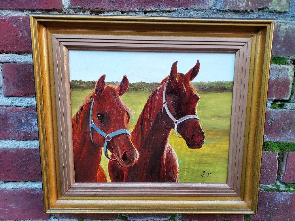 Schilderij, landschap met 2 paarden., Verzenden