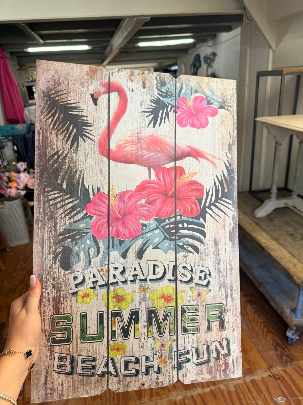 Zomerse Flamingo Wanddecoratie - Paradise Summer Beach Fun, Hout, Meerkleurig, Overige stijlen, Ophalen of Verzenden