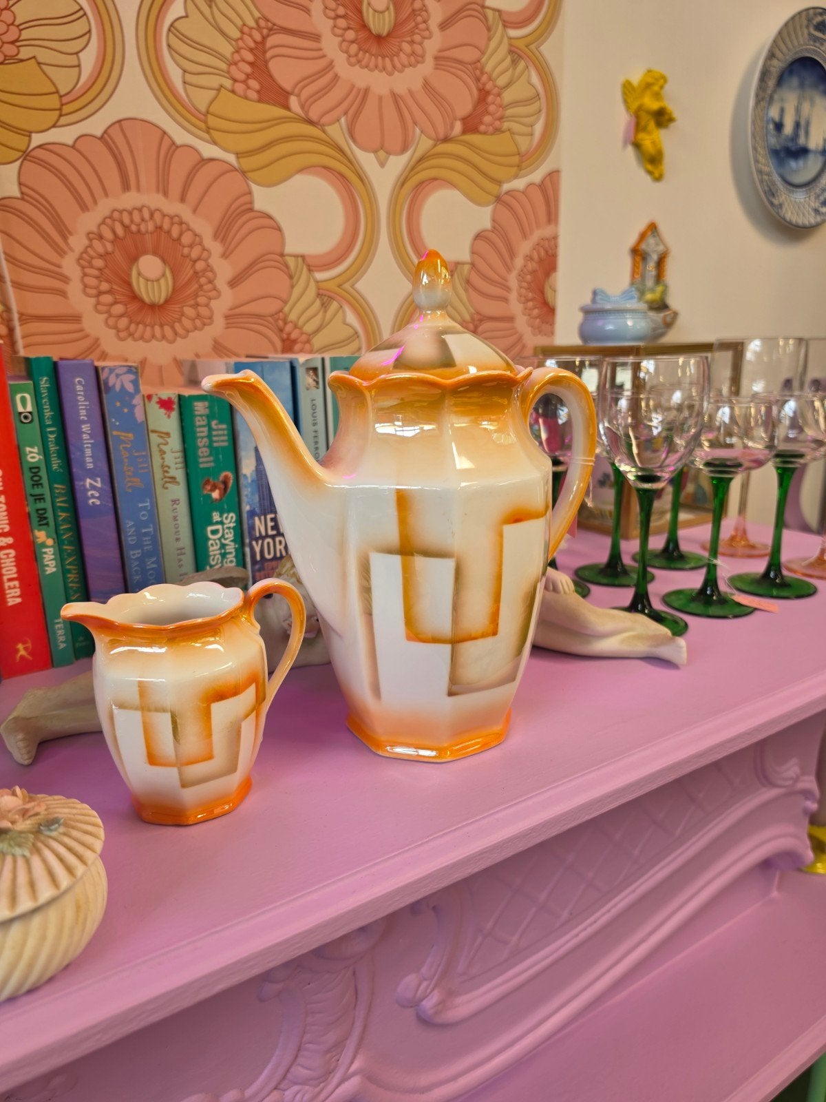 Vintage theepot en melkkan set - Oranje geometrisch, Ophalen of Verzenden
