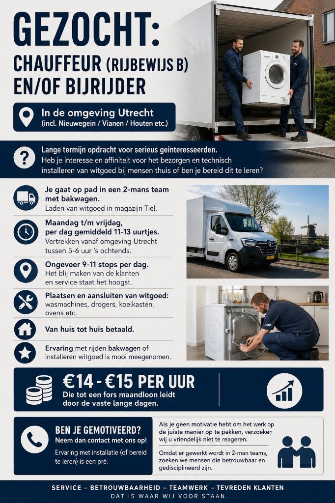 Gezocht: Bijrijder of Chauffeur - witgoed, omgeving Utrecht, 33 - 40 uur, MBO, Starter, Overige vormen
