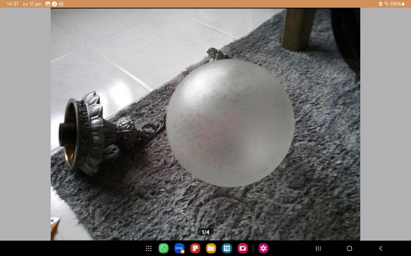 Oude vintage brocante hanglamp met bevroren achtig glazenbol, Ophalen