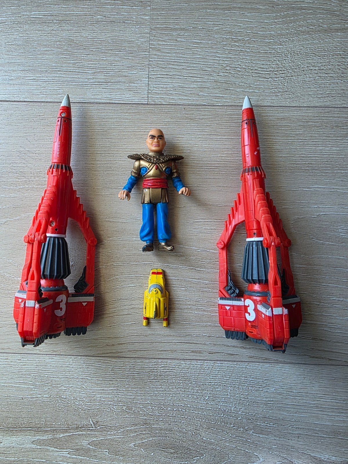 Thunderbirds figuur en 3 voertuigen, Ophalen of Verzenden, Gebruikt