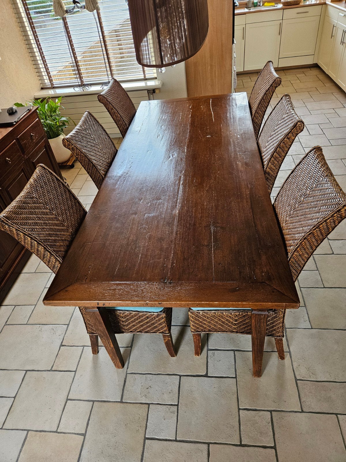 Koloniaal teakhouten eet en salontafel 2 laden en 6 stoelen, Ophalen, Gebruikt, 200 cm of meer, 50 tot 100 cm