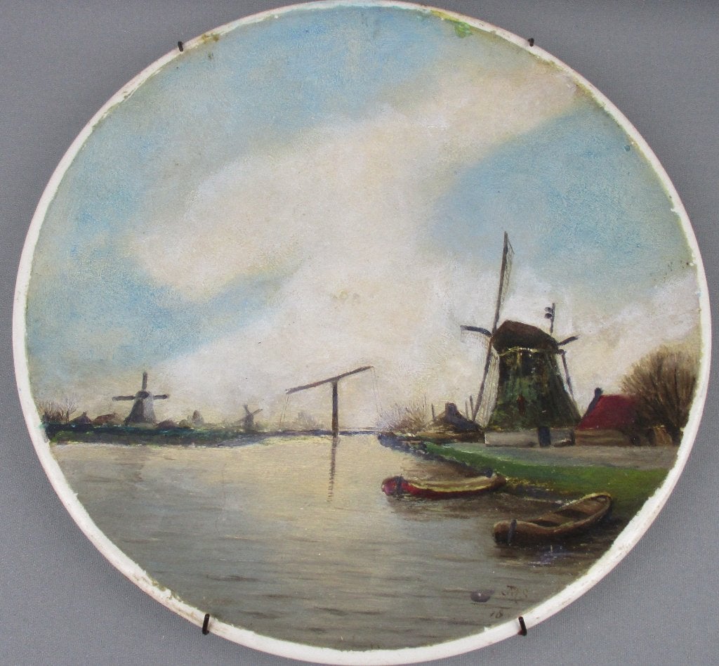 Antiek beschilderd bord met Hollands landschap, Overige ondergronden, Ophalen of Verzenden, Gesigneerd, Landschap