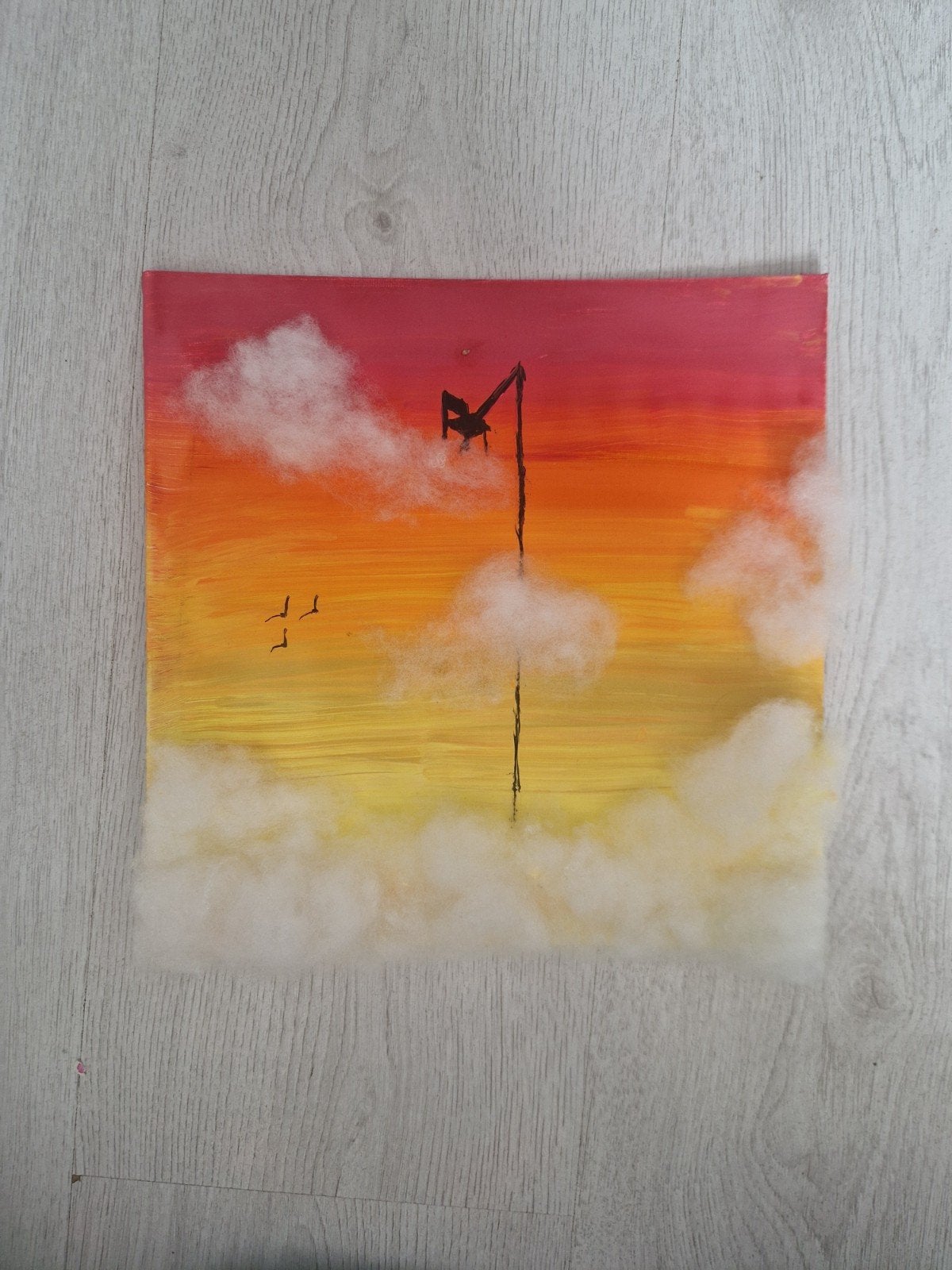 3D Wolken Schilderij - Zonsondergang met Kraan en Vogels, Ophalen of Verzenden