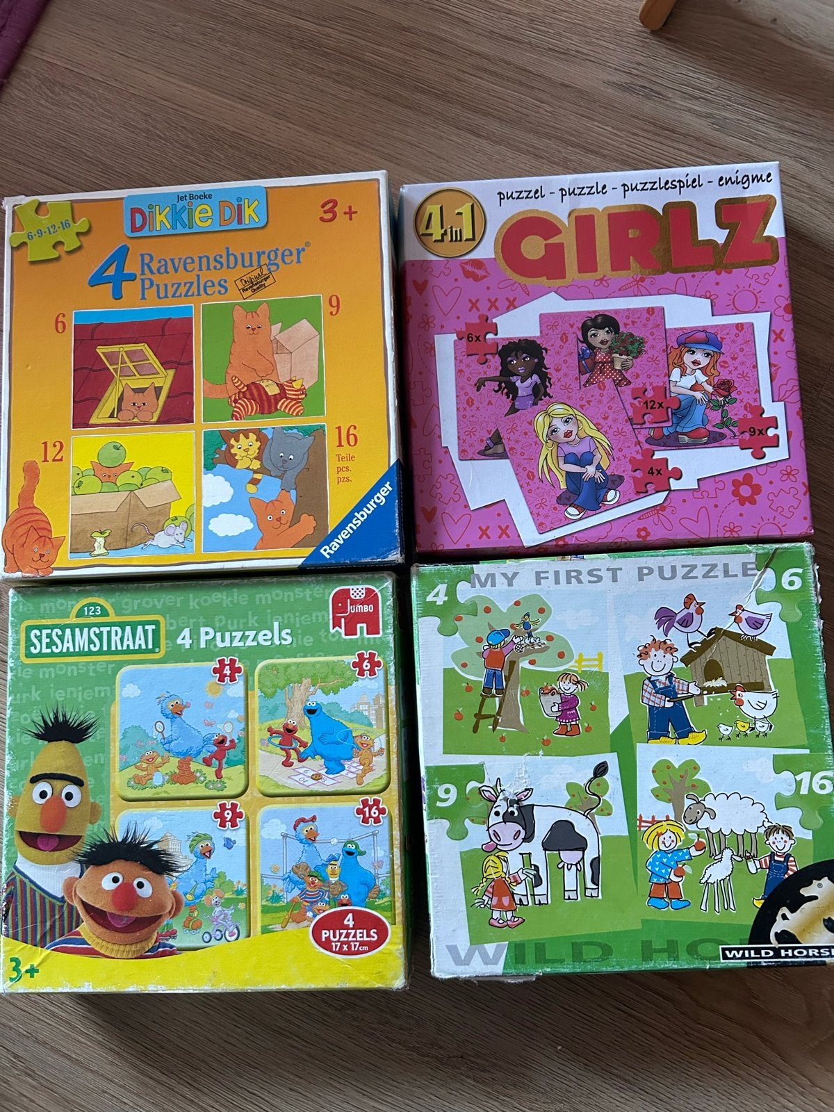 4 puzzels - eenvoudig 4 tot 16 stukjes, Ophalen of Verzenden, Minder dan 10 stukjes, Gebruikt, 2 tot 4 jaar
