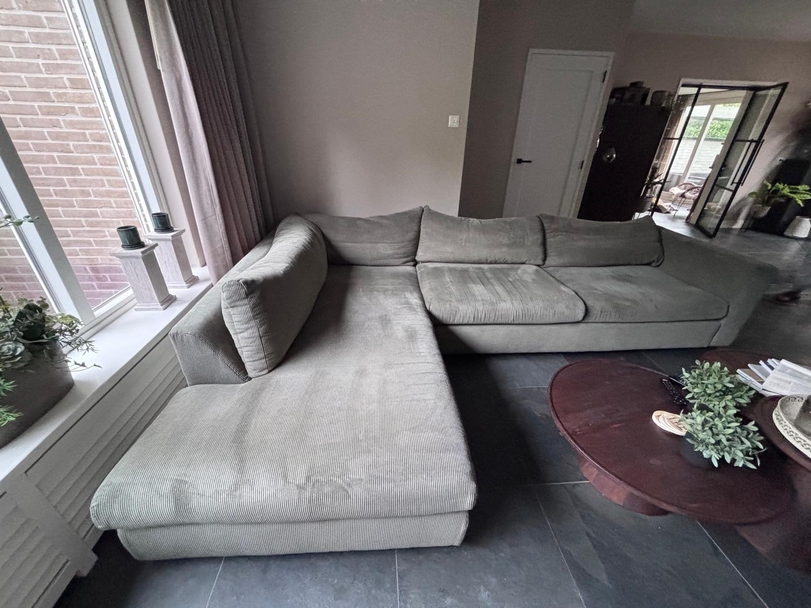 4x6 Sofa XL hoekbank groen ribcord – chaise longue 220 cm –, Ophalen, Gebruikt, Stof