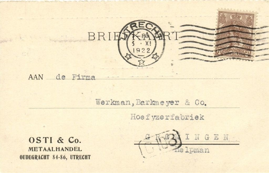 OSTI + Co., Metaalhandel, Utrecht - 11.1922 - briefkaart, Ophalen of Verzenden, Briefkaart
