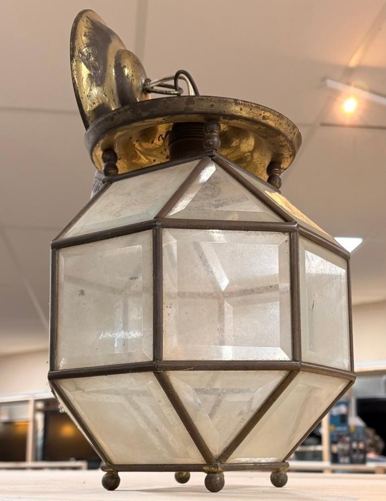 Oude lamp messing, facet glas, A’damse School 1920-1930, Antiek en Kunst, Antiek | Lampen, Ophalen