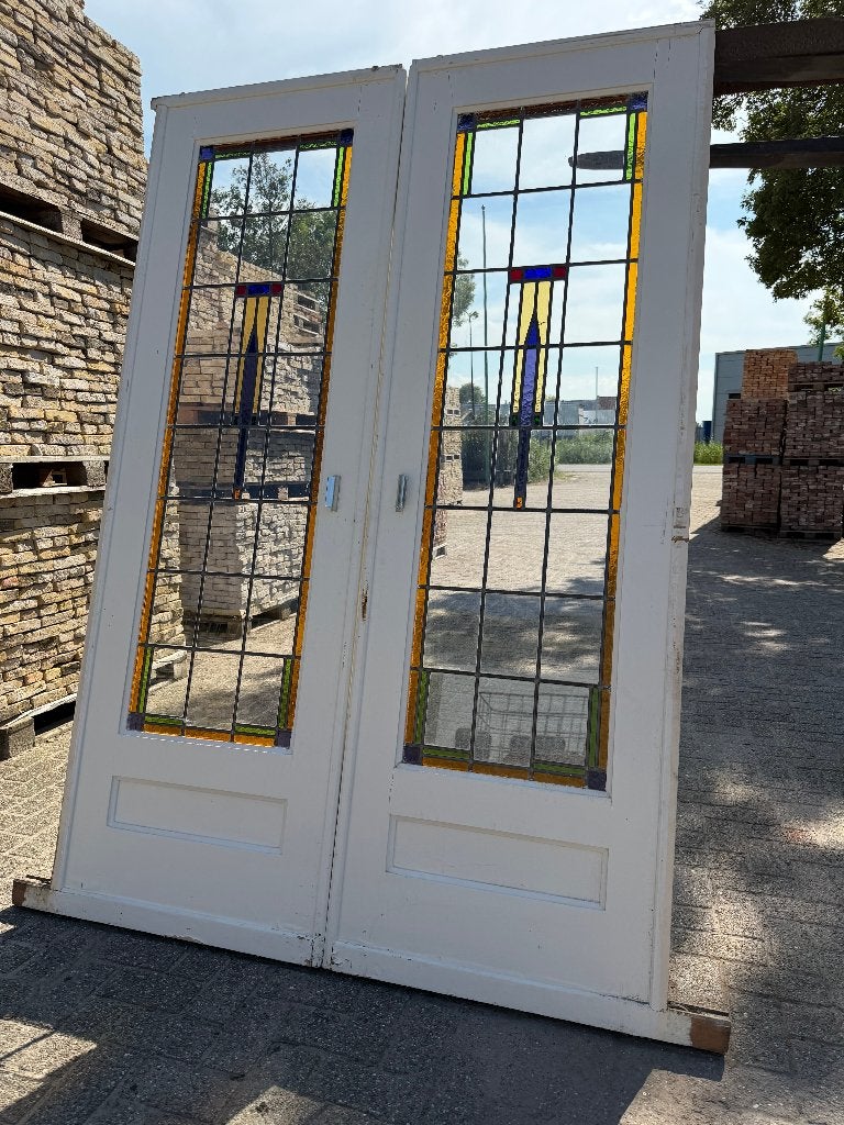 Set schuif / en-suite deuren met glas in lood 215x145cm., Antiek en Kunst, Curiosa en Brocante, Ophalen