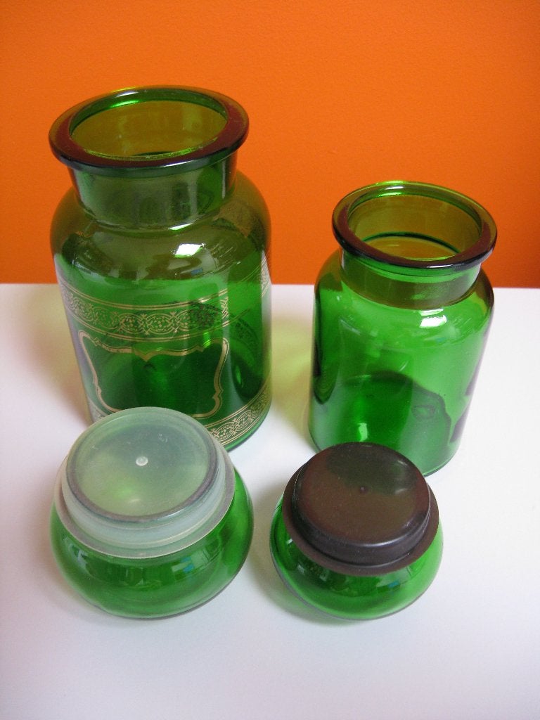 2x groene glazen vintage voorraadpotten, Ophalen of Verzenden, Zo goed als nieuw, Voorraadpot, Overige merken