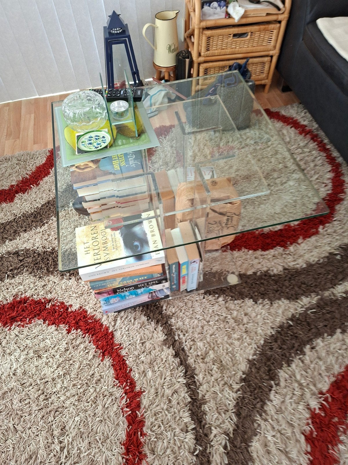 Salontafel met facet geslepen glazen blad, Ophalen, Gebruikt, 50 tot 100 cm, Vierkant