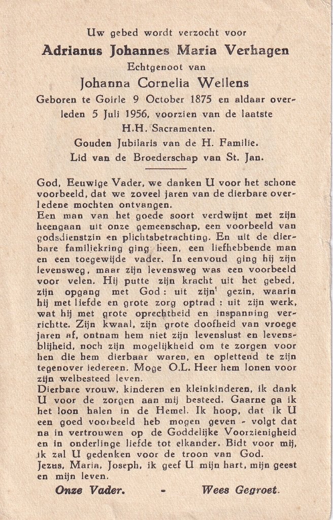 Verhagen Adrianus 1875 Goirle 1956, Ophalen of Verzenden, Bidprentje