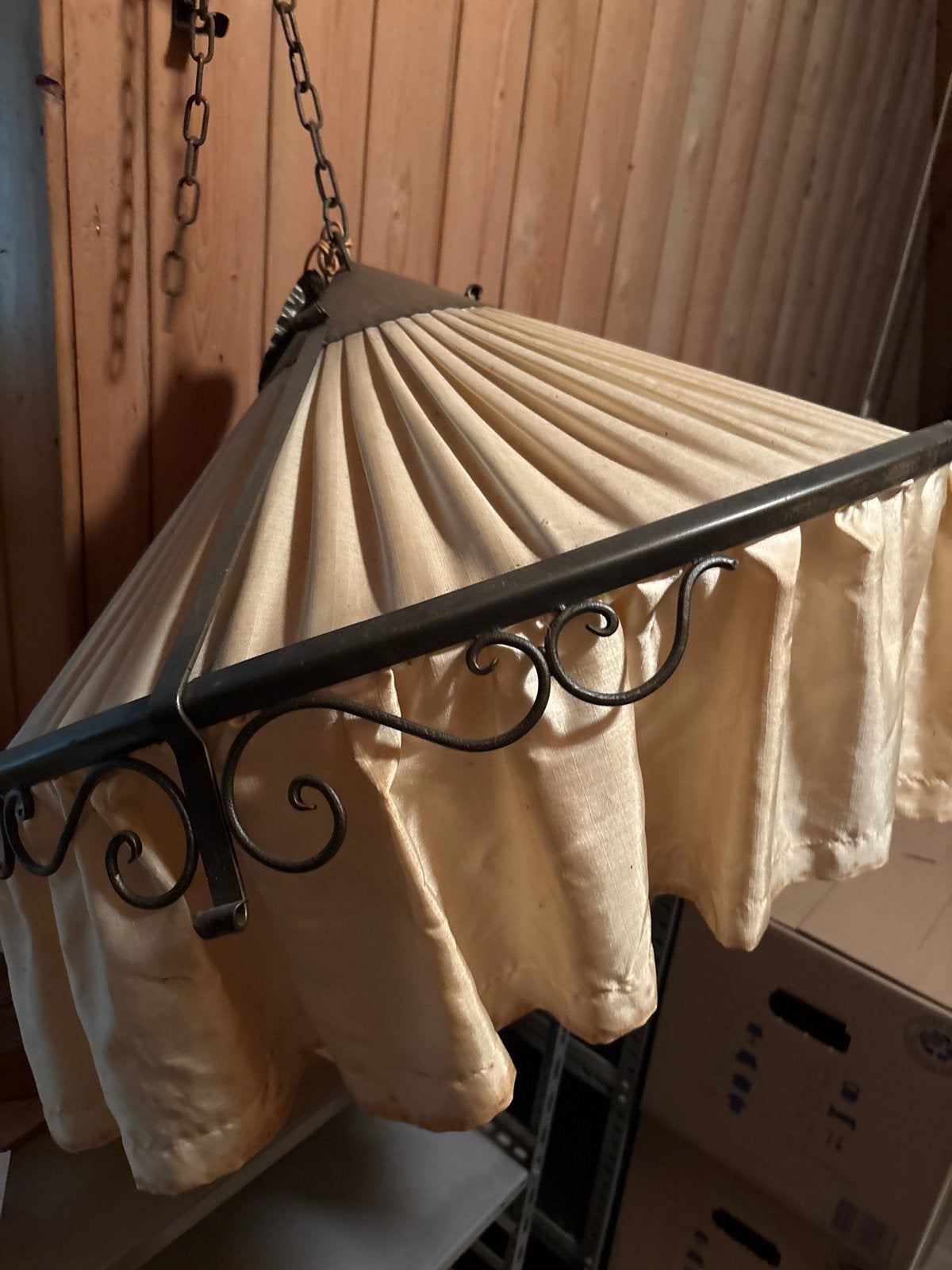 Vintage hanglamp met stoffen kap en smeedijzeren frame, Ophalen
