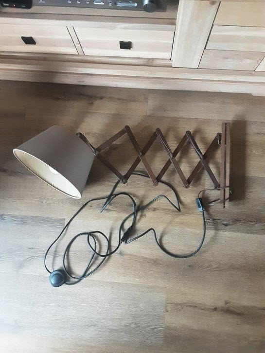 Vintage houten schaarlamp met stoffen kap, Overige merken, Gebruikt, E27 (groot), Hout