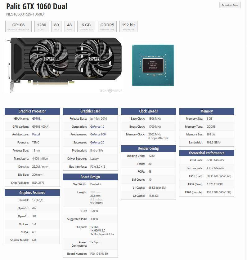 Palit GTX 1060 Dual 6 GB Te Koop, PCI-Express 3, Gebruikt, Verzenden, HDMI