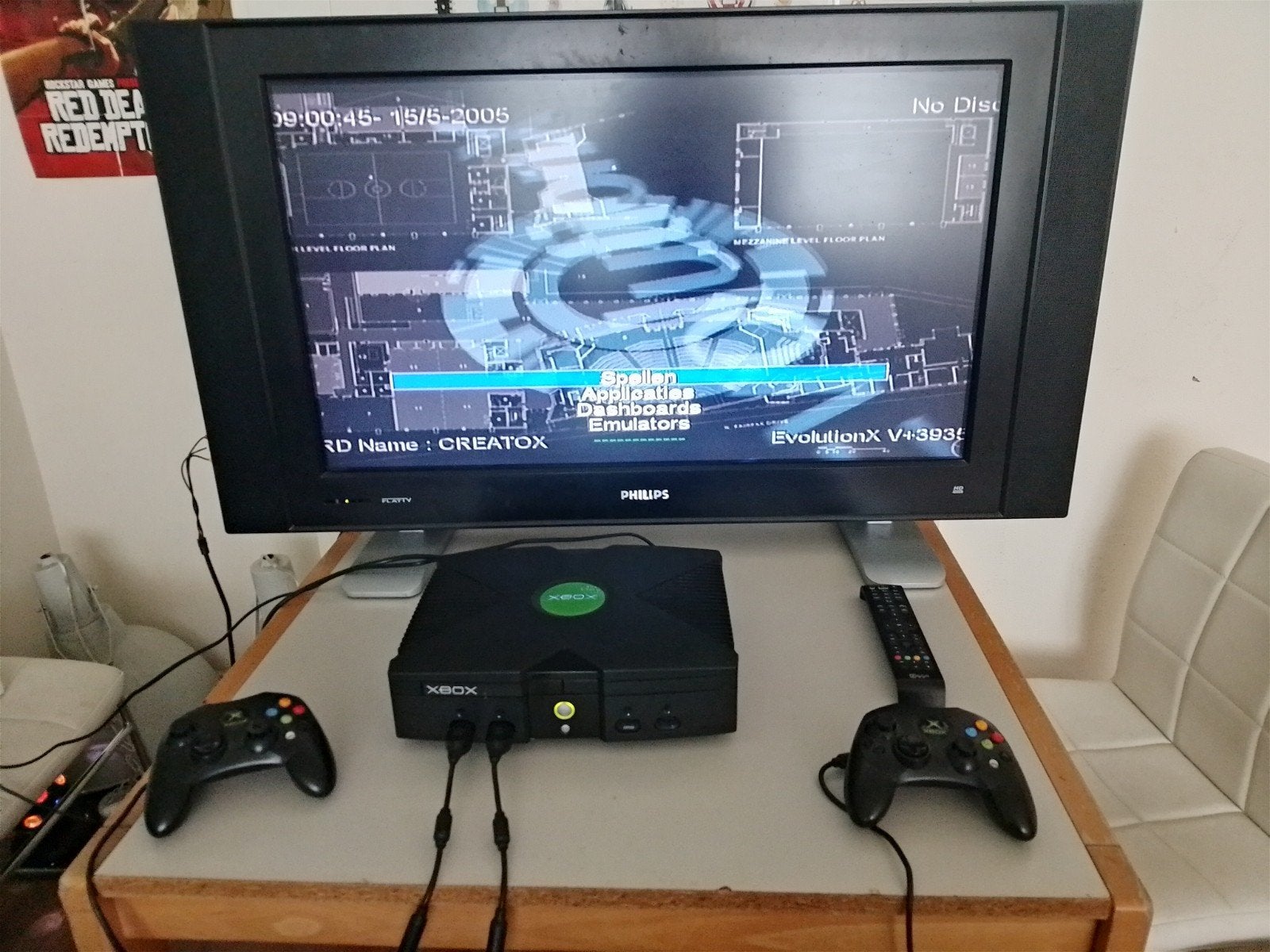 Xbox met softmod en 94 games op harde schijf., Ophalen, Gebruikt, Met 2 controllers, Met games