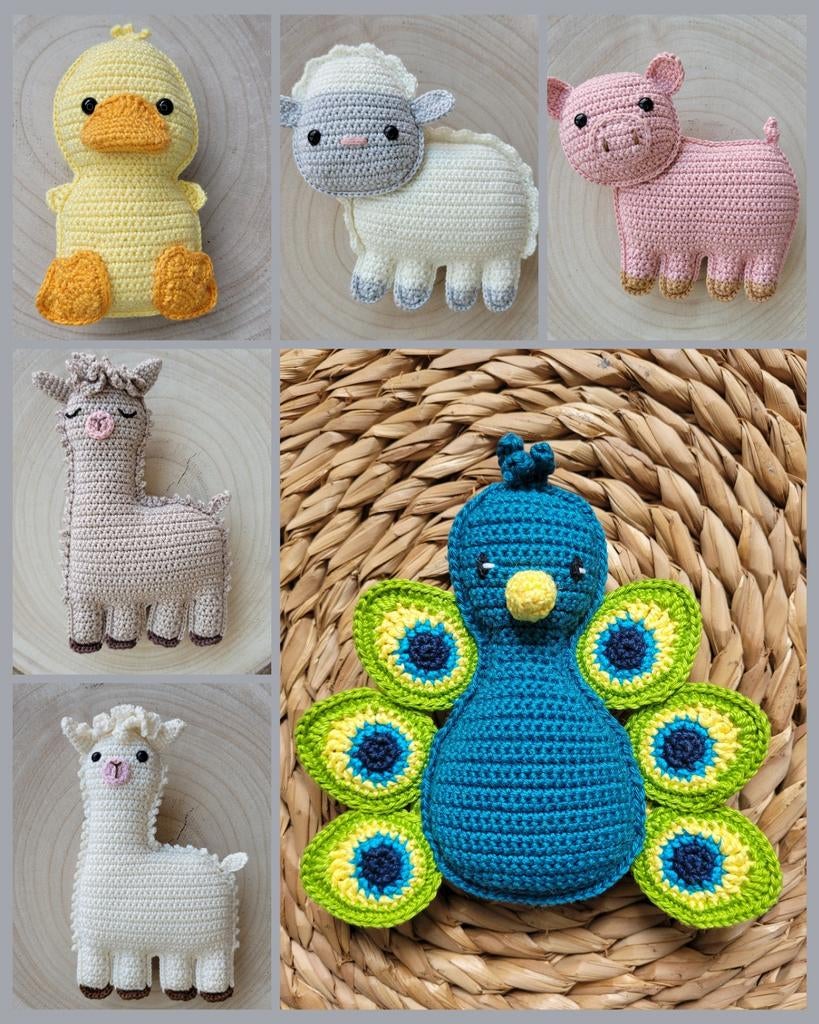 Gehaakte boerderijbeestjes rammelaar knuffels, Ophalen of Verzenden, Nieuw, Kraamcadeau