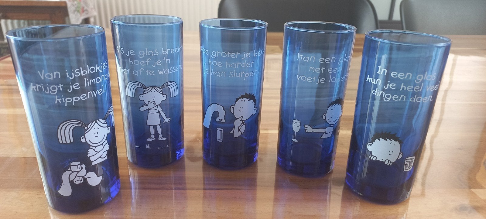 Leuke blauwe drinkglazen voor kinderen met grappige teksten, Ophalen, Glas of Glazen, Overige stijlen, Glas