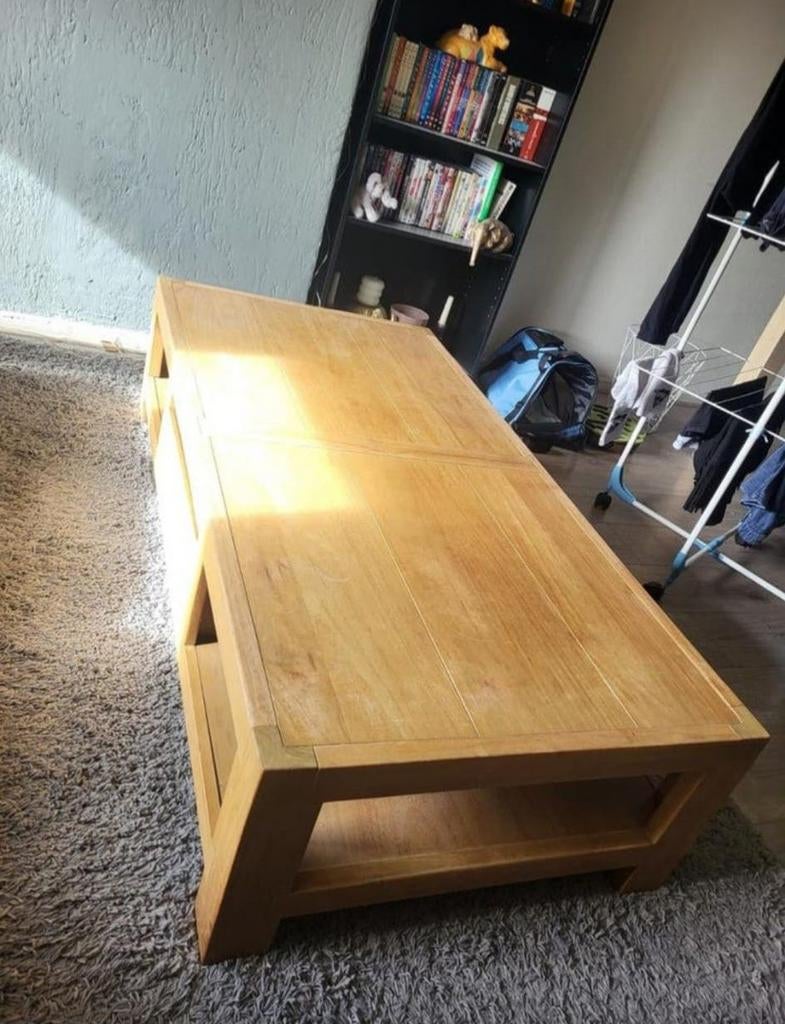 Massief houten salontafel met opbergruimte, Ophalen, Gebruikt, 50 tot 75 cm, Modern