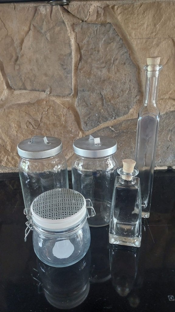 2 Voorraad potten, 2 flessen, 1 weckpot - goede staat, Gebruikt, Met deksel, Pot, Bus of Blik, Ophalen of Verzenden
